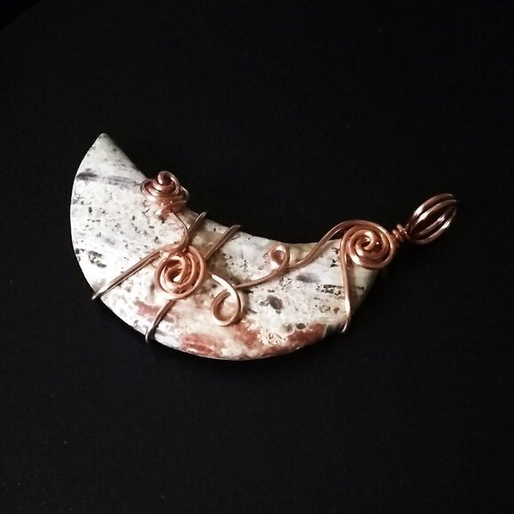 Speckled Crescent Jasper Stone Moon ~ Cream + Tan Colors! Copper Wire Wrapping - Picture 4 of 11